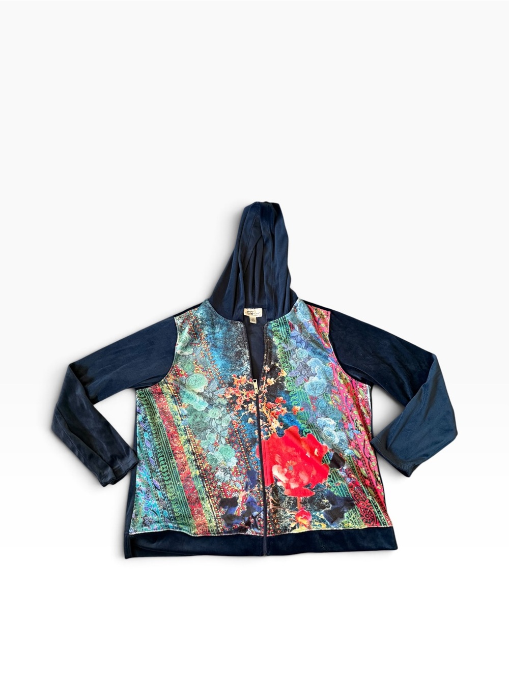 Coldwater Creek 1X Velvet Velour Floral Boho Full Zip Hooded Jacket Plus